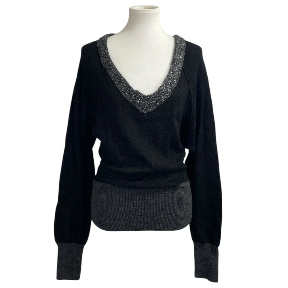 Free People Deep V Neck Sweater. Large. Wool Blend slouchy grey gray black shiny